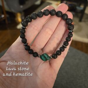 Malachite Lava Stone With Hematite Spacer Beaded Bracelet, Elasticated, Handmade